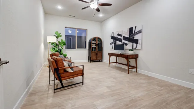 a living room with furniture and a potted plant