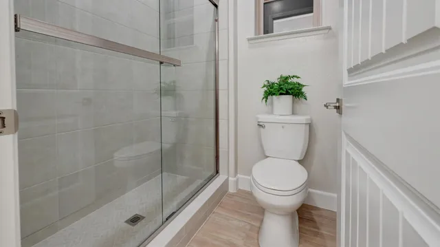 a bathroom with a toilet and a shower