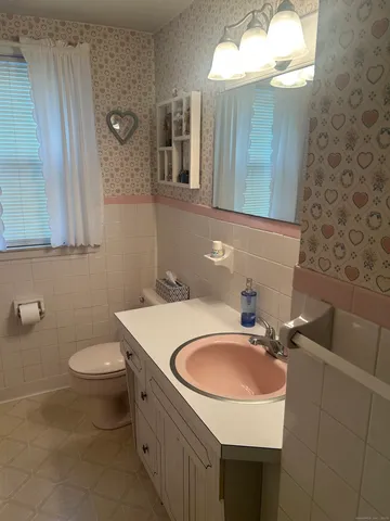 a bathroom with a sink a toilet and a mirror