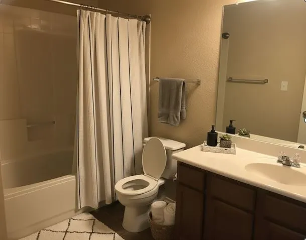 a bathroom with a sink a toilet and shower