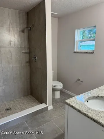 a bathroom with a granite countertop sink a toilet and shower