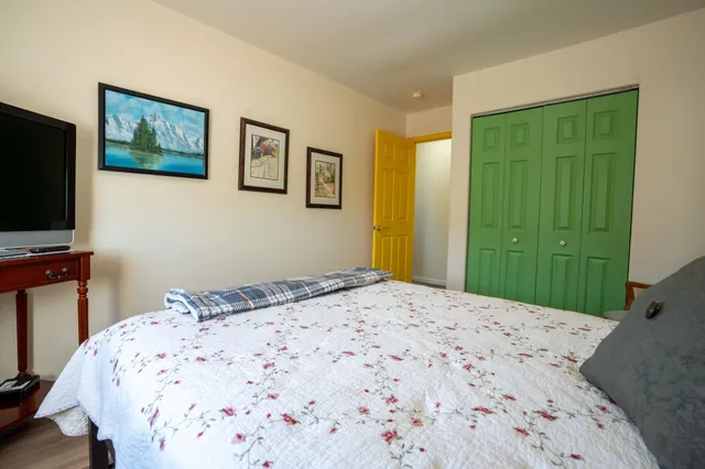 a bedroom with a bed and a flat screen tv