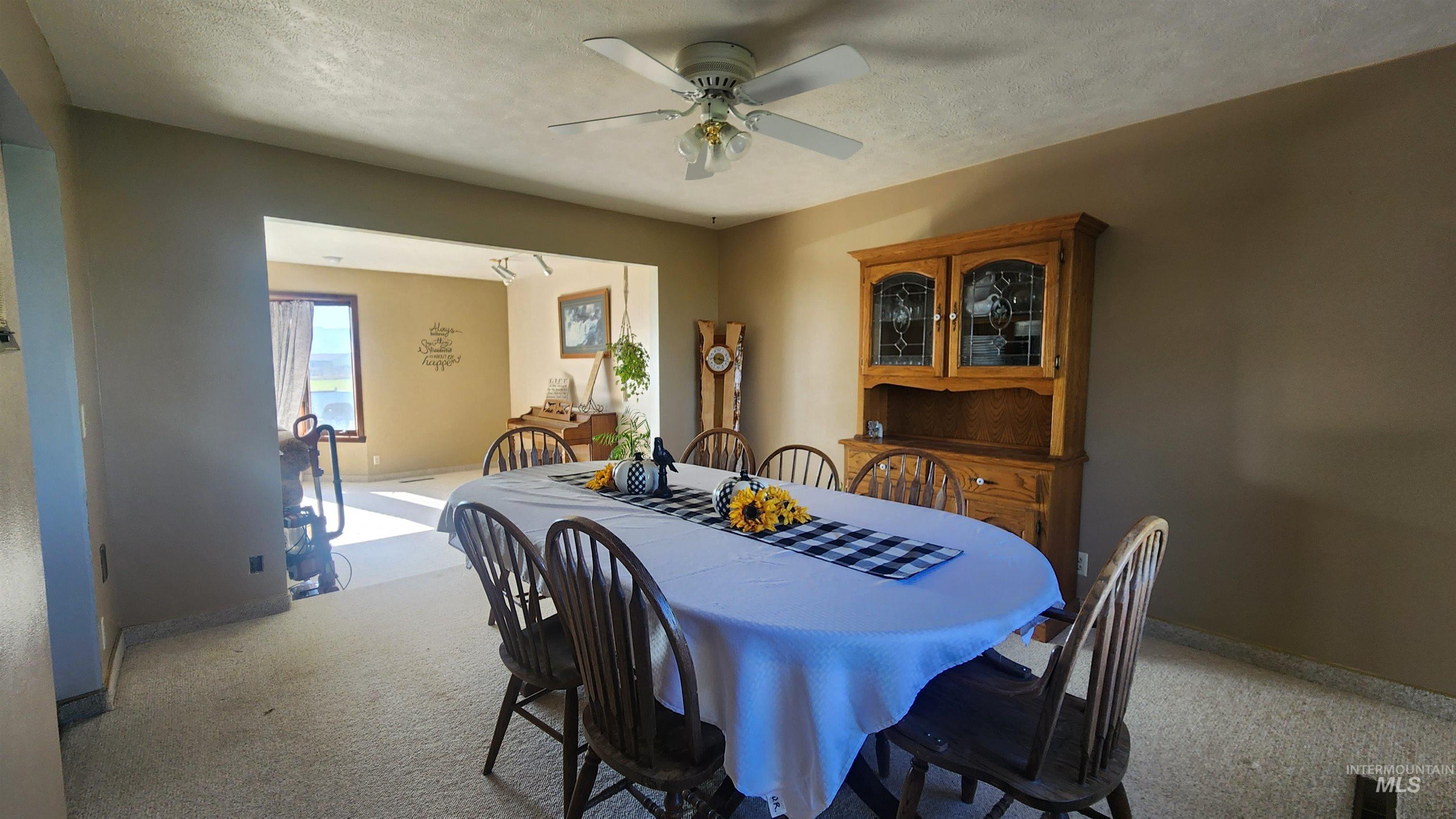 288 South 123 West Burley, ID 83318 - Photo 12 of 36 Dining space with light colored carpet, a textured ceiling, and ceiling fan