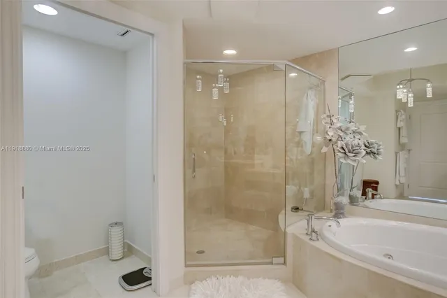 a bathroom with a shower a bathtub and a toilet