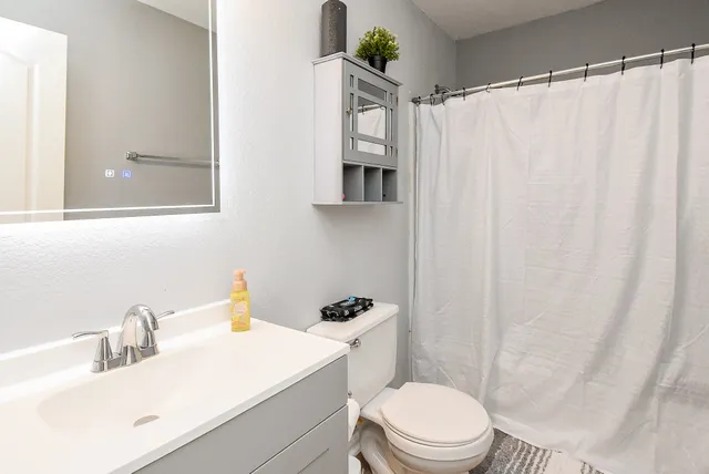 a bathroom with a sink a toilet and shower curtain