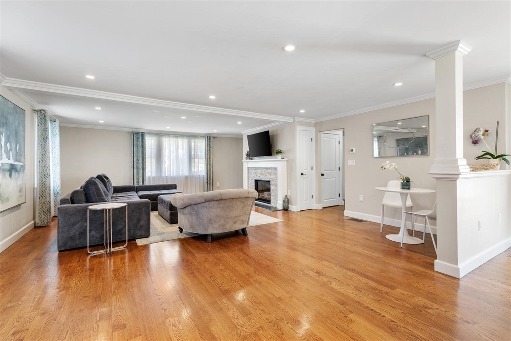 149 Robbins Road Watertown, MA 02472 - Photo 8 of 33 a living room with fireplace furniture and a wooden floor