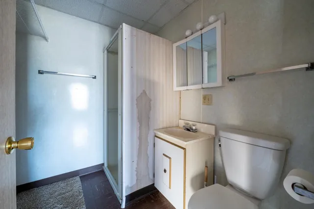 a bathroom with a sink toilet and shower