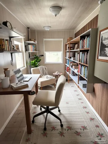 a living room with a couch and a book shelf