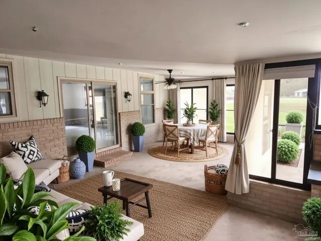 a living room with furniture and large windows