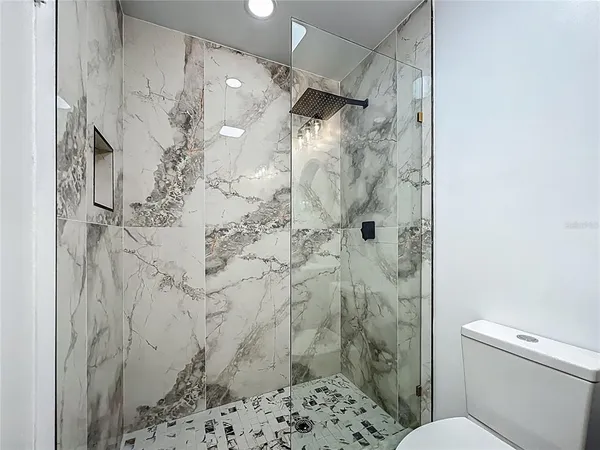 a bathroom with a shower and a toilet