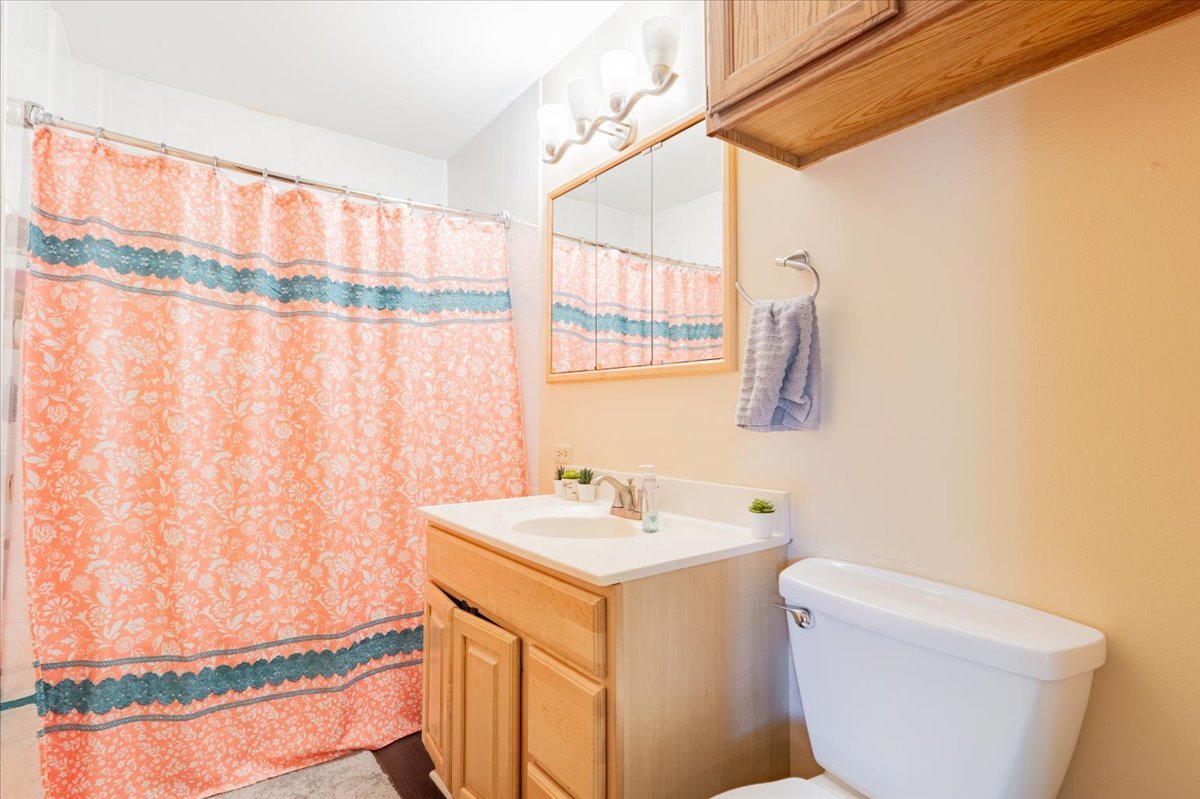 310 Rowe Drive Bloomington, IL 61701 - Photo 22 of 39 a bathroom with a sink a toilet and shower curtain