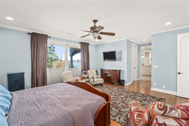 a view of a lake with a garden