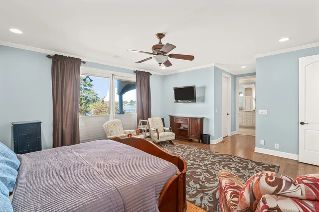 a view of a lake with a garden