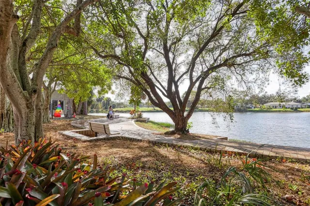 a view of a swimming pool with a yard