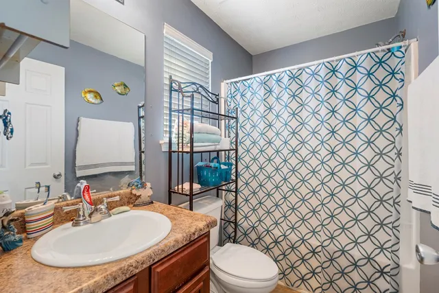 a bathroom with a sink a toilet and shower curtain