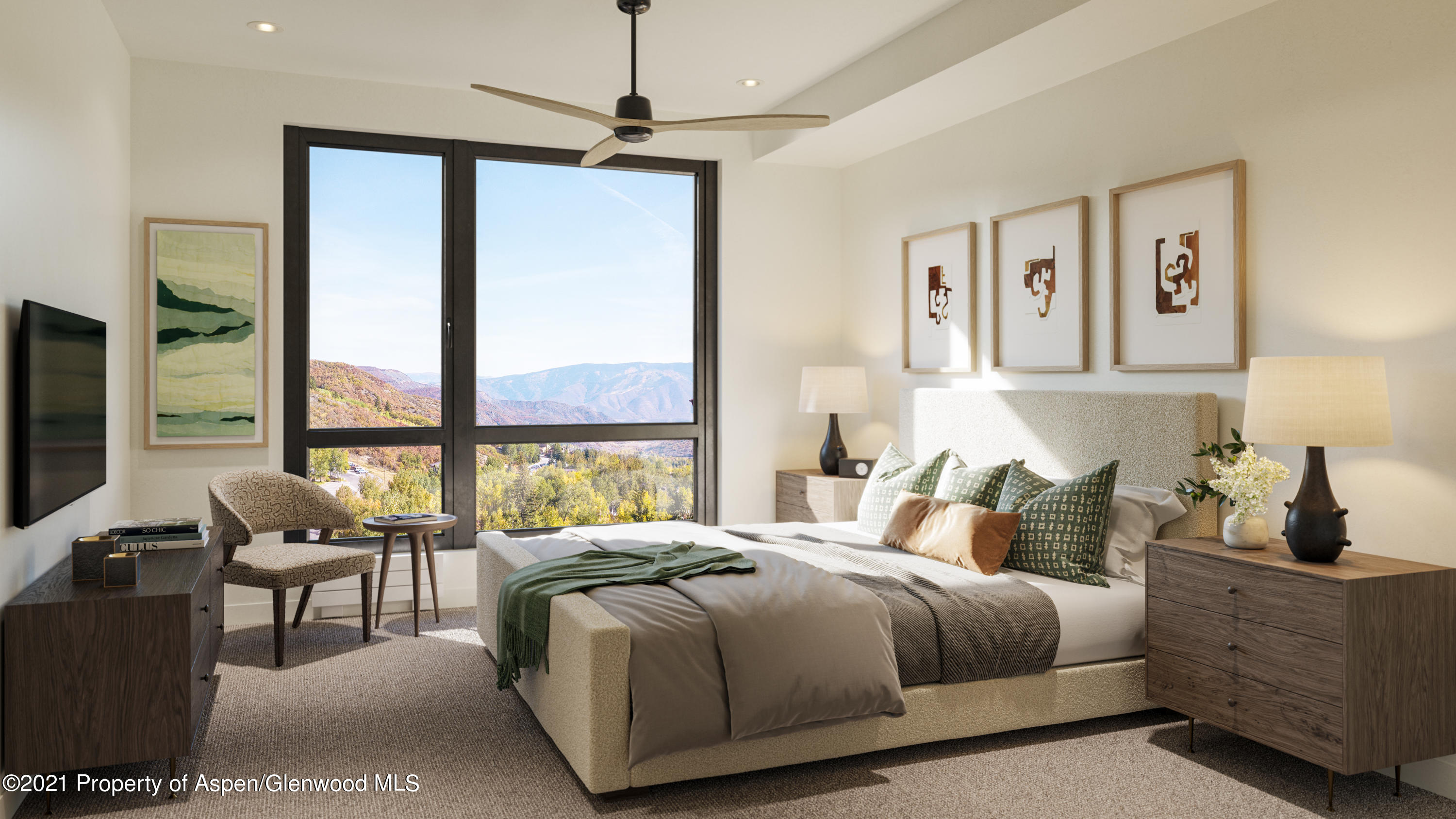 119 Wood Road, Unit 607 Snowmass Village, CO 81615 - Photo 8 of 8 a bedroom with a bed and large windows