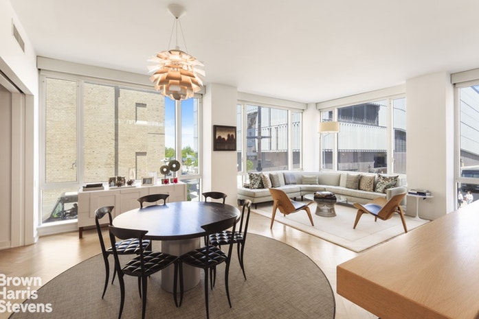 a view of a dining room with furniture window and outside view