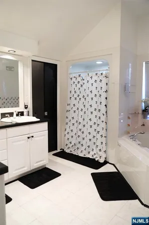 a bathroom with a sink a mirror and a shower