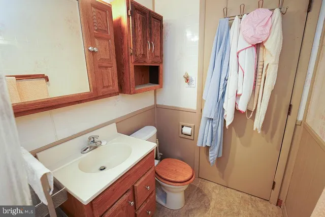 a bathroom with a sink vanity and toilet
