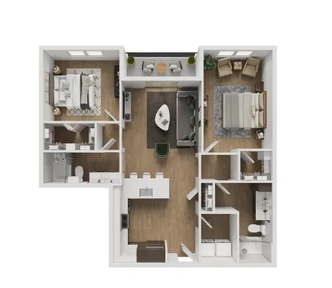 a living room with furniture and wooden floor