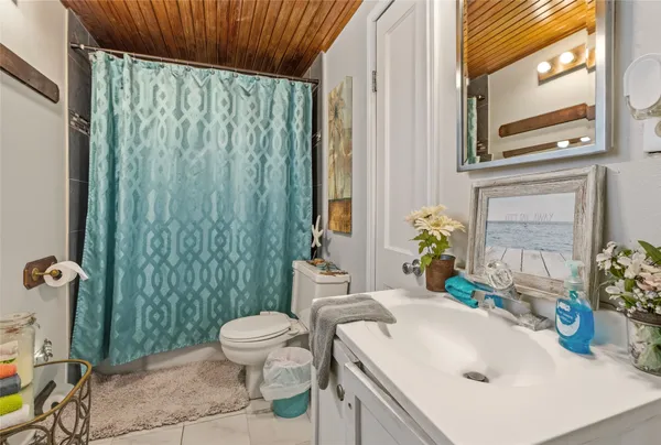 a bathroom with a sink a toilet and shower curtain