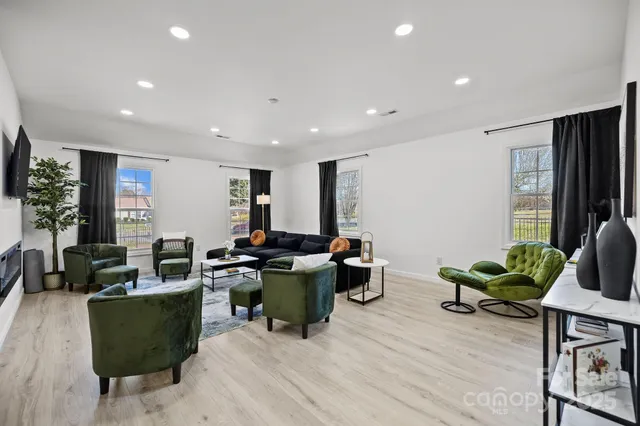 a living room with furniture and a potted plant
