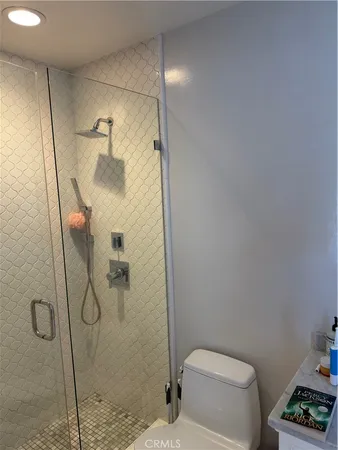 a bathroom with a shower and toilet