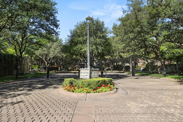 a view of a garden with large trees