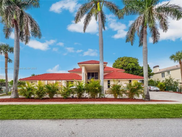 a view of a yard and a palm tree