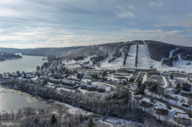 an aerial view of residential houses with outdoor space and trees