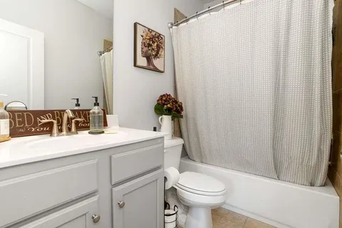 a bathroom with a sink a toilet and shower curtain