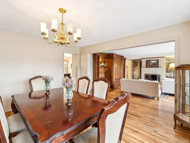 a view of a dining room with furniture a chandelier and wooden floor