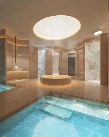 a spacious bathroom with a tub and shower