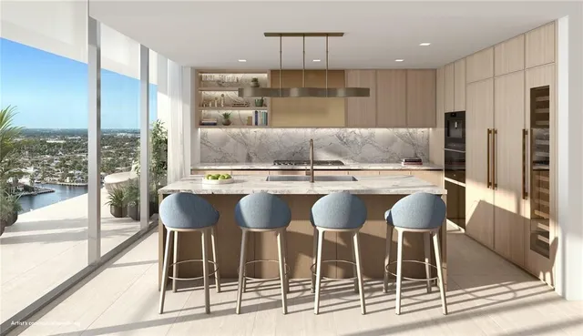 a kitchen with a dining table chairs and white appliances