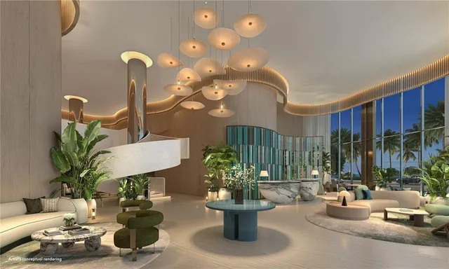 a dining room with furniture and a potted plant