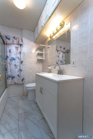 a bathroom with a double vanity sink mirror and toilet
