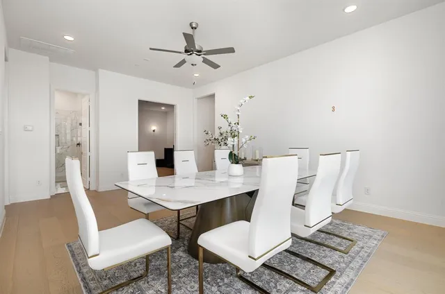 a view of a dining room with furniture