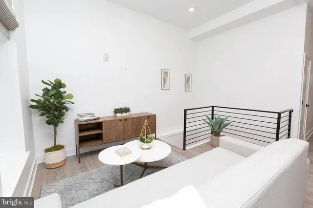 a living room with furniture potted plant and a window