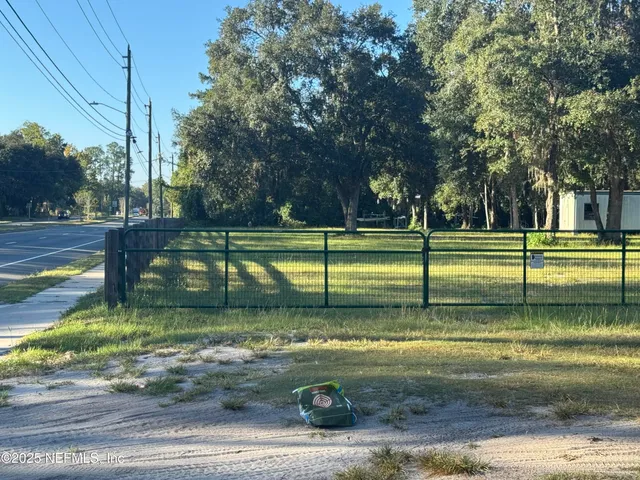 a view of a park with large trees