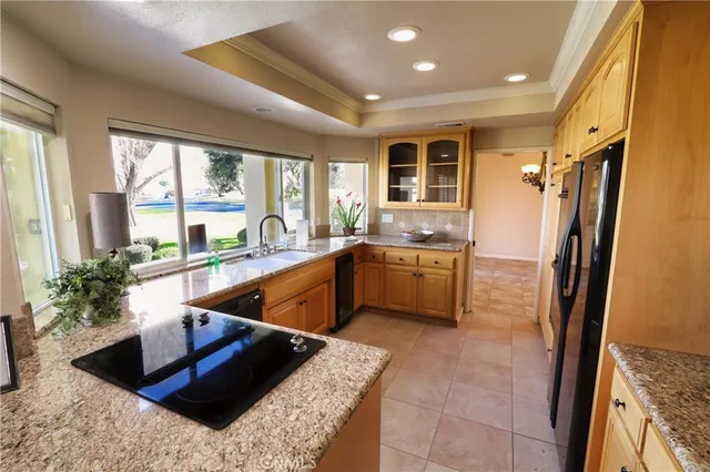 a kitchen with stainless steel appliances granite countertop a refrigerator a sink and a stove