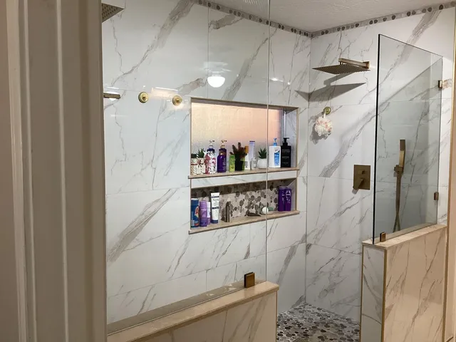 a bathroom with shower