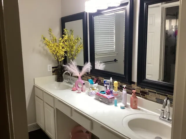a bathroom with a sink vanity and a mirror