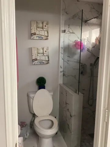 a bathroom with a toilet and a shower