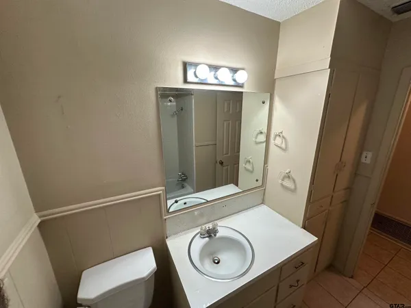 a bathroom with a sink a mirror and vanity