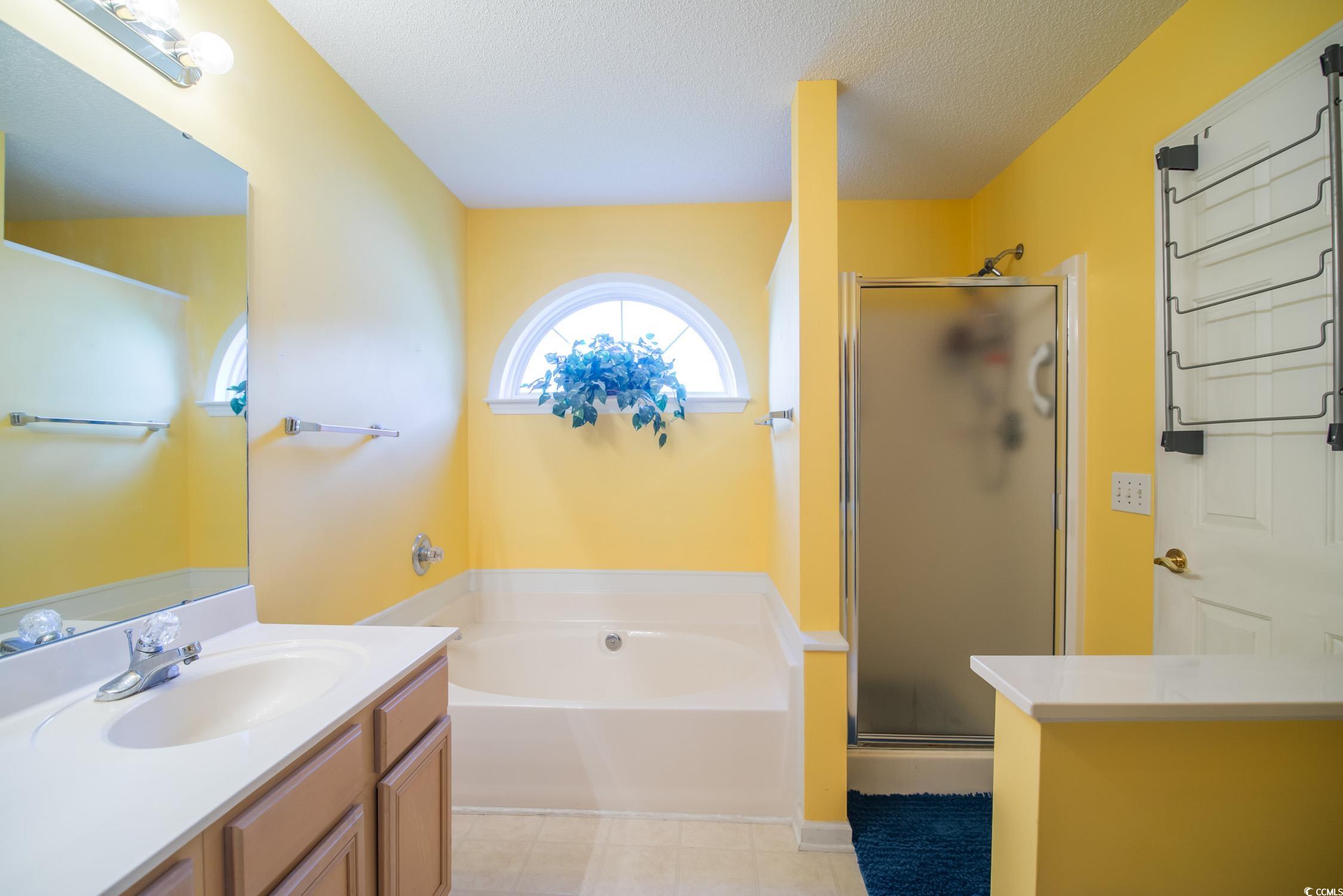1052 Vestry Drive Murrells Inlet, SC 29576 - Photo 12 of 40 Full bath featuring vanity, a bath, a shower stall, and a textured ceiling