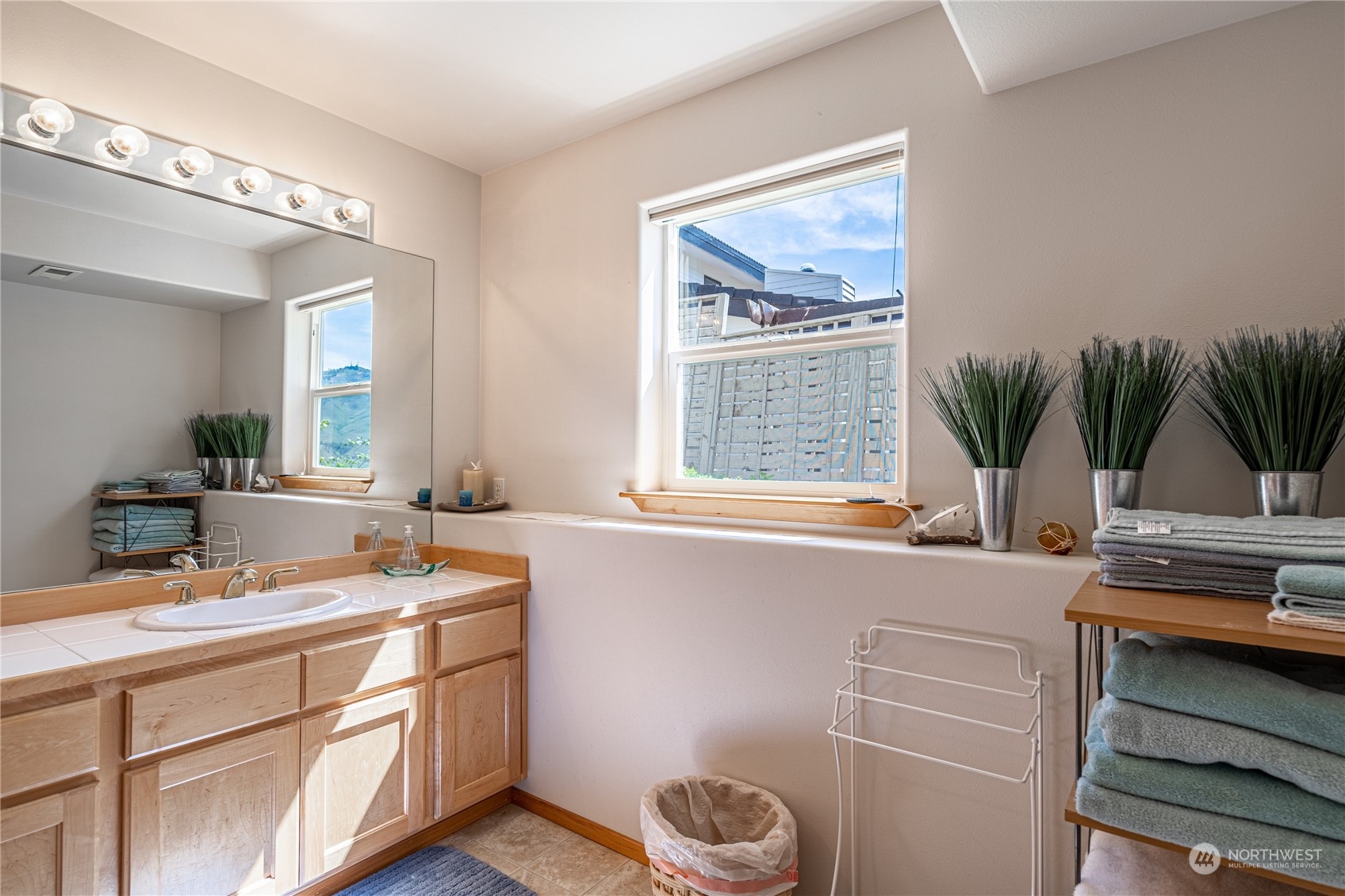 114 Long Drive Chelan, WA 98816 - Photo 28 of 38 a bathroom with a sink a potted plant and a mirror