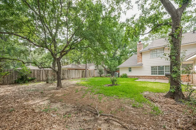 a backyard of a house with plants and large tree