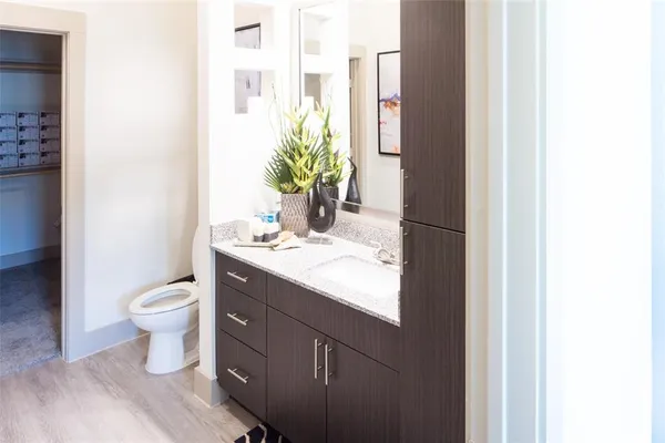 a bathroom with a granite countertop sink toilet and a mirror