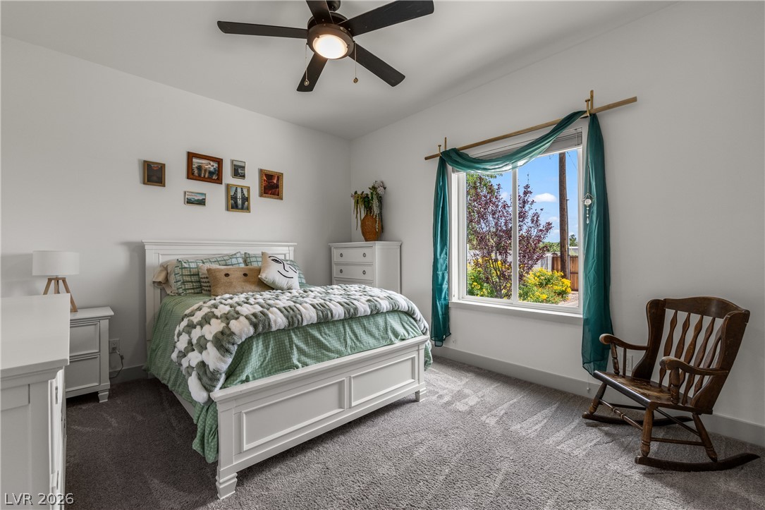 3020 Hannig Street Logandale, NV 89021 - Photo 48 of 75 A tranquil bedroom with soft gray carpet and a bright window overlooking vibrant greenery.