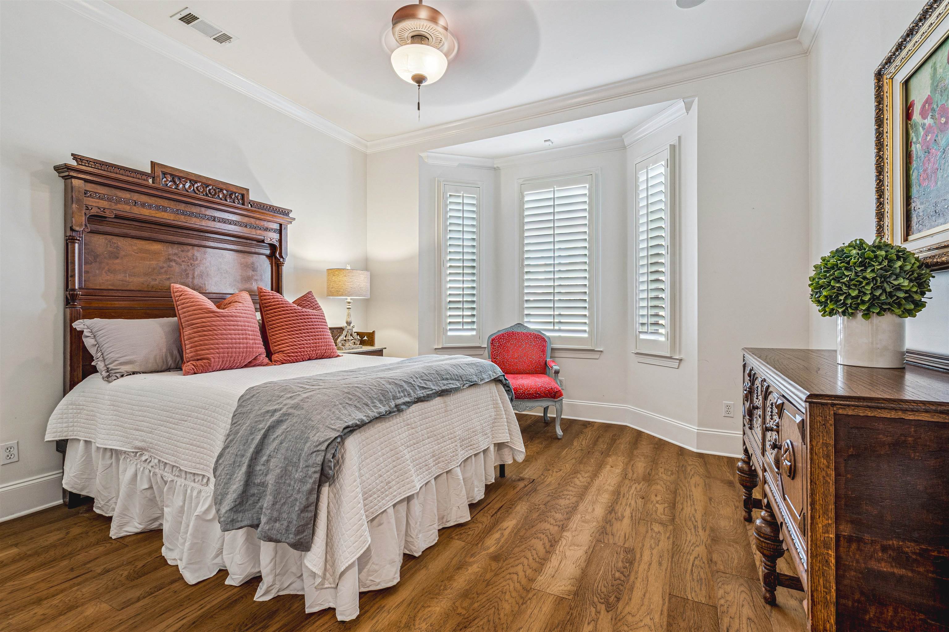 3084 Devonshire Way Germantown, TN 38139 - Photo 20 of 40 Bedroom featuring crown molding, dark wood-type flooring, and ceiling fan